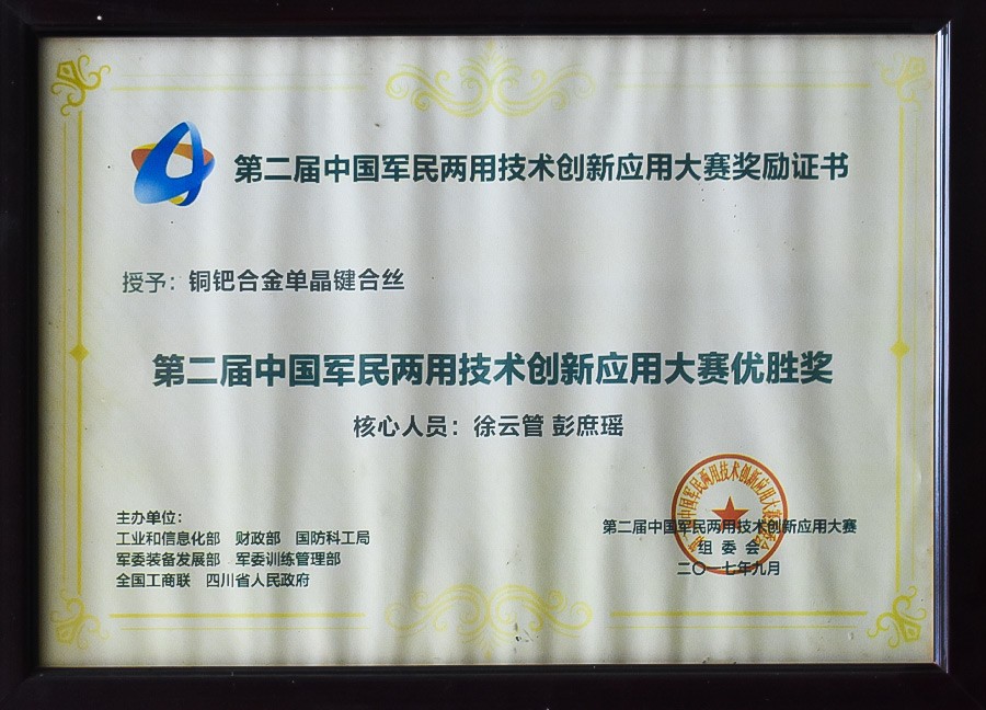 第二届中国军民两用技术创新新应用大赛优胜奖